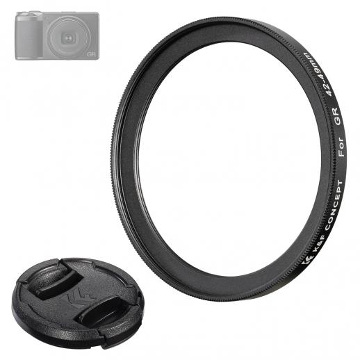 Ricoh objektivfilteradapterring 42-49 mm, med Kf 49 mm objektivdæksel *1, egnet til Ricoh Gr Model, Nano-X-serien