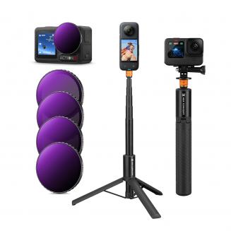 DJI Osmo Action 4 / Action 5 PRO ND/PL Filter og Selfie Stick Kit, 4-pak (ND8&PL + ND16&PL + ND32&PL + ND64&PL) Optiske glasfiltre med flerlagsbelægning Neutral Density Polariserende multifunktionsfiltre og bærbart 2-i-1 stativ