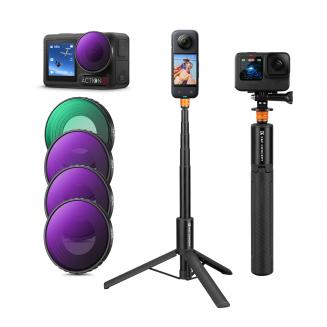 DJI Osmo Action 4 & Osmo Action 5 Pro Actionkamerafilter och Selfiestick-kit, 4-pack (CPL + ND8 + ND16 + ND32) Skruvmonterat Polariserande Neutral Density-filter HD Optiskt Glas / Multibelagd / Metallram och Bärbart 2-i-1 Selfiestick-stativ