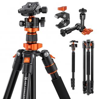 78"/2m overhead stativ i aluminium for DSLR-kamera, kompakt, bærbart stativ for vlogging, enbensstativ, 10 kg belastning, O234A7+BH-28L og 6" magisk arm med superklemmesett