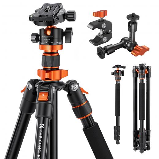 78"/2m overhead stativ i aluminium for DSLR-kamera, kompakt, bærbart stativ for vlogging, enbensstativ, 10 kg belastning, O234A7+BH-28L og 6" magisk arm med superklemmesett