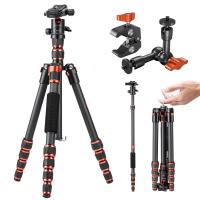 Trípode de fibra de carbono para cámara de 60", trípode de viaje compacto y superligero con rótula de 360°, placa de liberación rápida, monopié desmontable con capacidad de carga de 8 kg y brazo mágico de 6" con súper abrazadera.