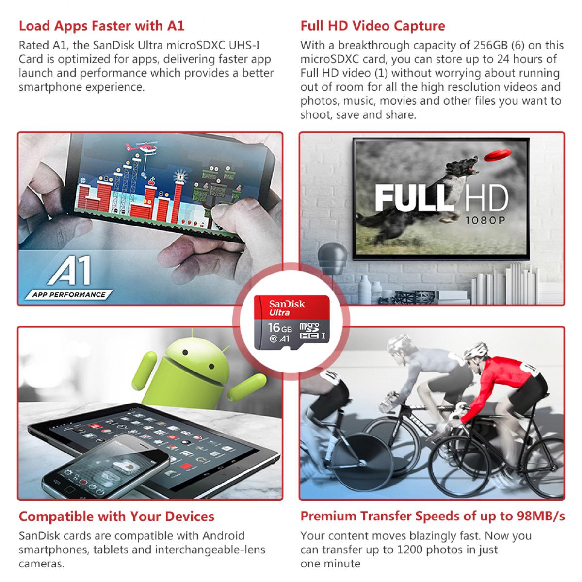 Sandisk Ultra 16GB MicroSDHC UHS-I Card, C10 A1, up to 98MB/s SDSQUNC-016G-ZN3MN