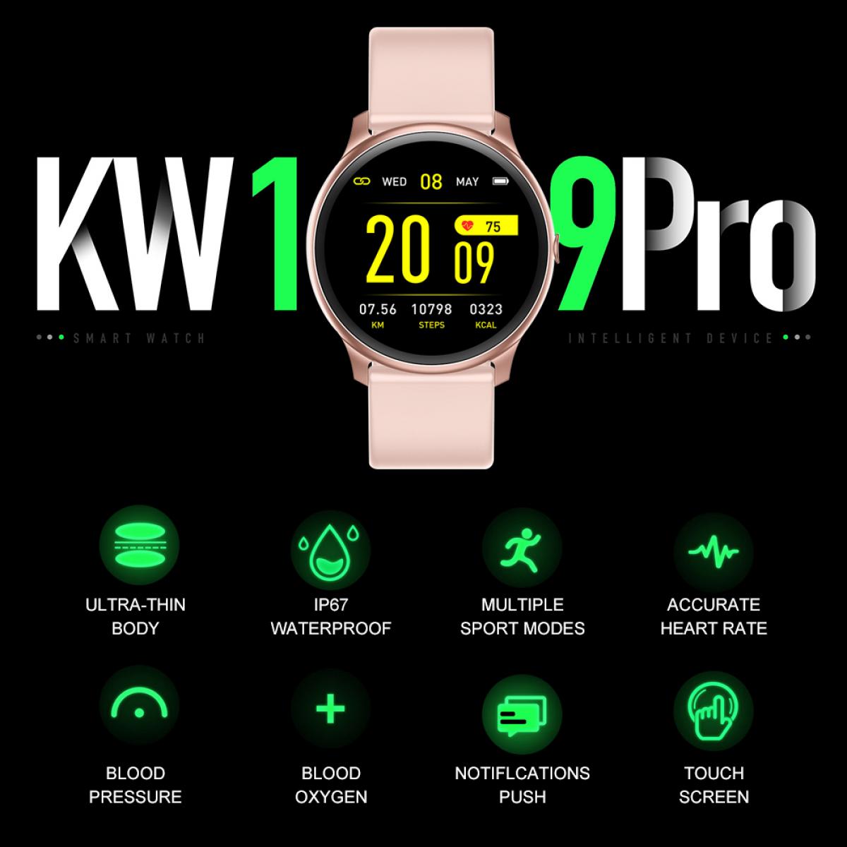 KW19 Pro Full Screen Touch Smart Watch Blood Pressure Heart Rate Monitor Fitness Tracker-Pink