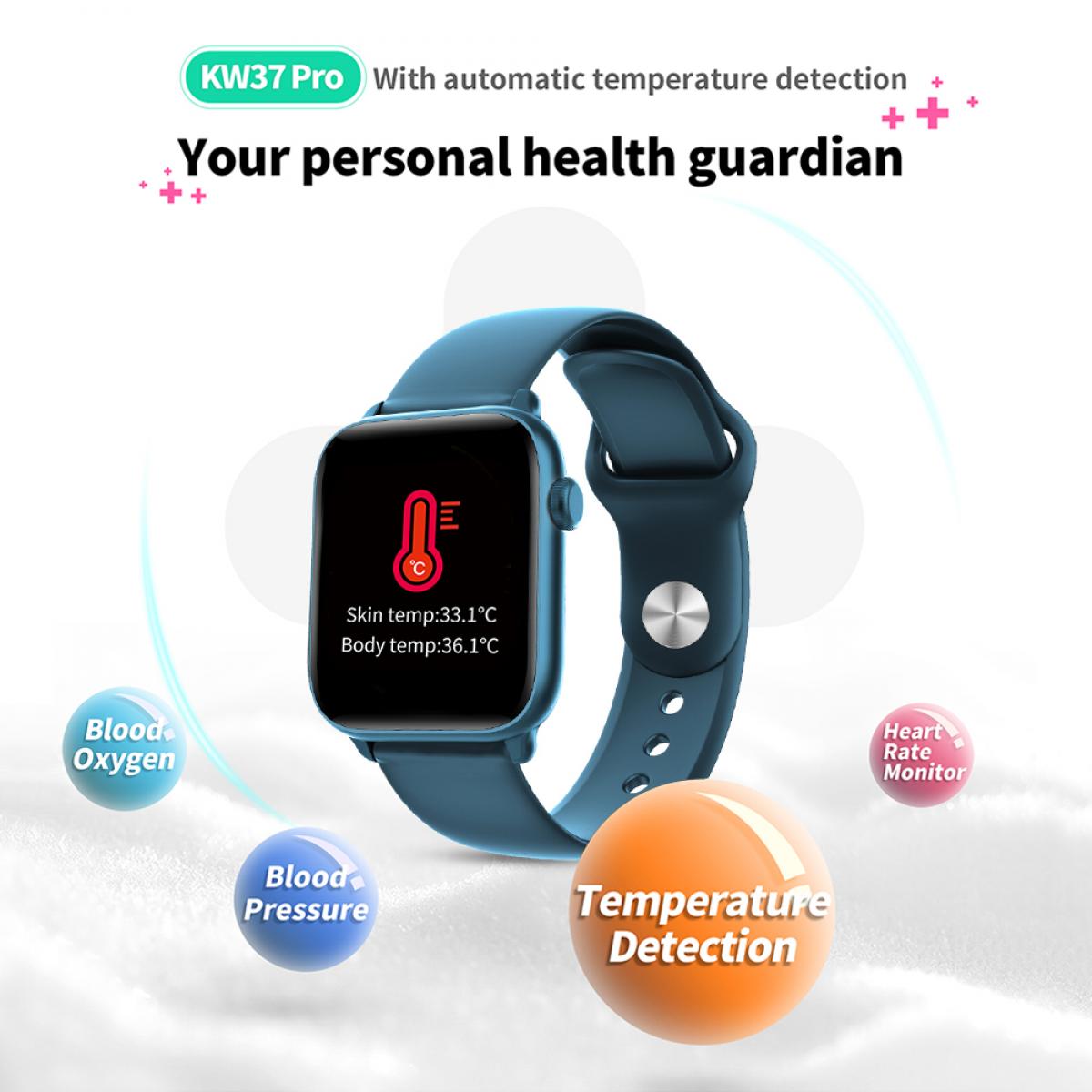 KW37 Proスマートウォッチ、温度計モニター付き、スマートウォッチフィットネストラッカー、心拍数モニター付きIP68防水スマートウォッチ、iOSおよびAndroidフォンに対応