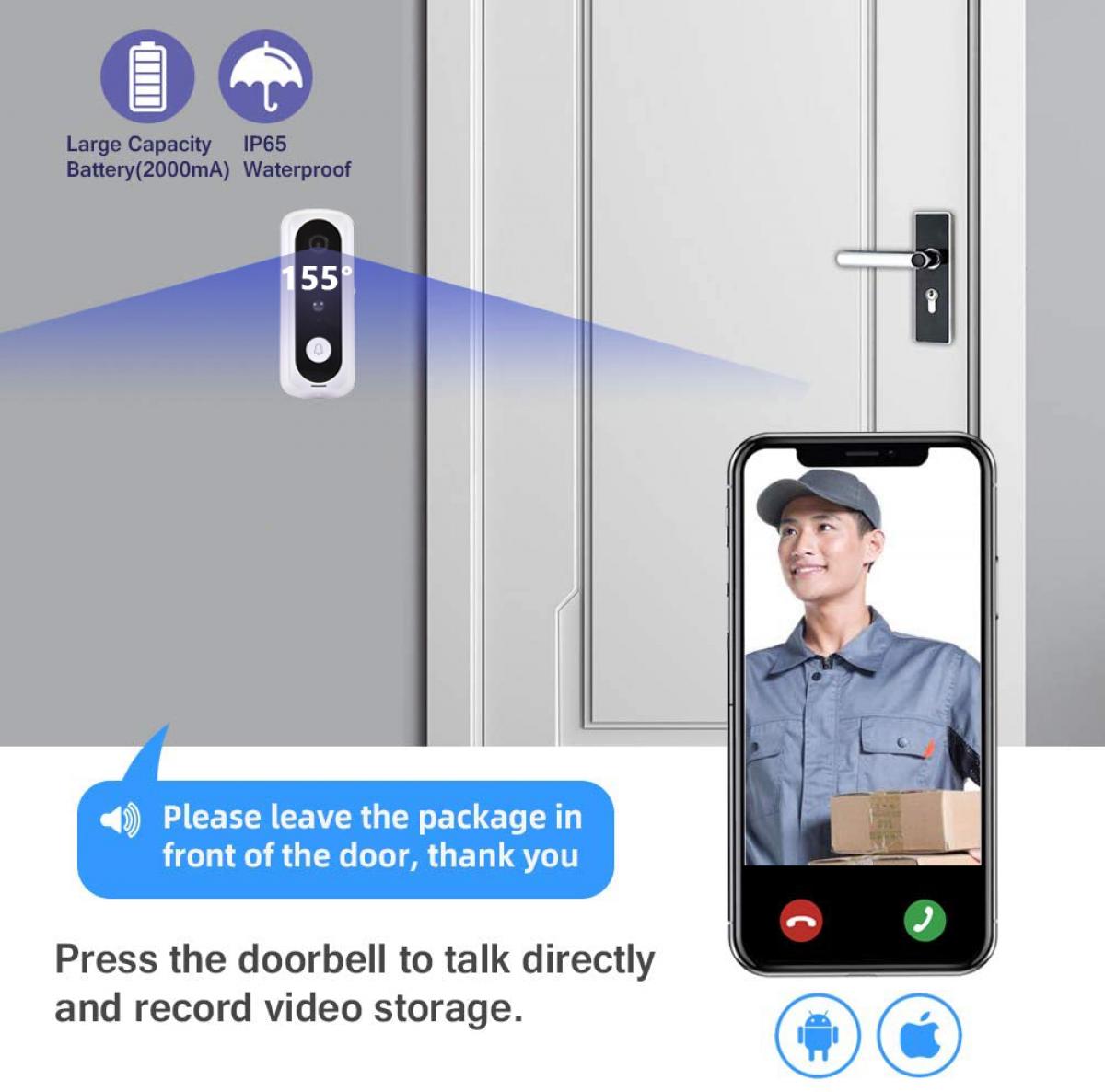 V20 WiFi Video Doorbell 1080p HD Video Motion Activated Alerts 2 Way Audio Night Vision 32GB Pre-Installed Door Chime - European Version