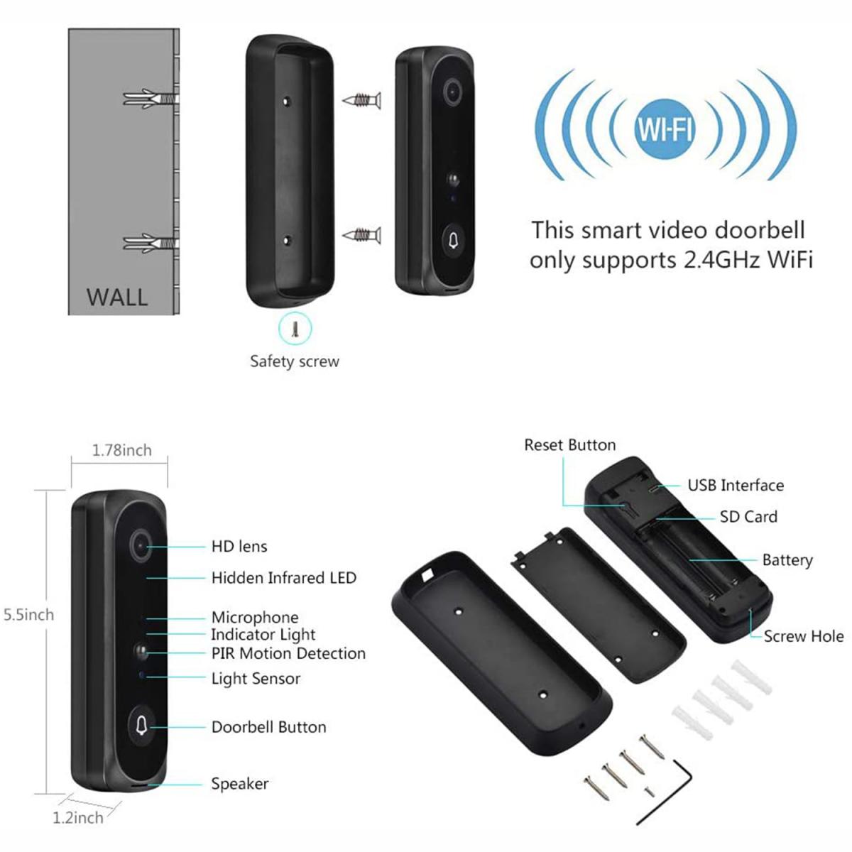 V20 WiFi Video Doorbell 1080p HD Video Motion Activated Alerts 2 Way Audio Night Vision 32GB Pre-Installed Door Chime - European Version