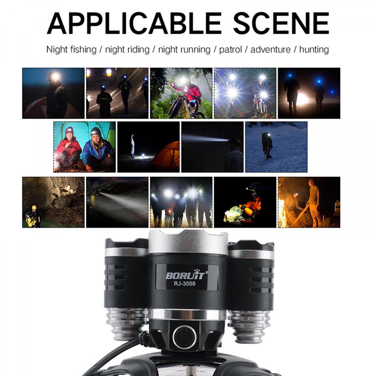 BORUIT RJ-3000 20W High Brightness 4000LM 3LED White Light Sports Headlamp Flashlight Black