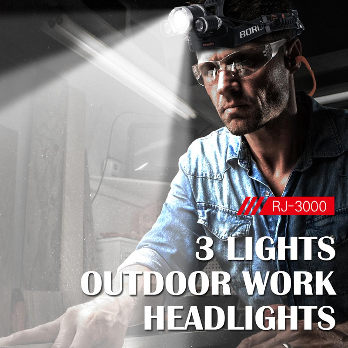 BORUIT RJ-3000 20W High Brightness 4000LM 3LED White Light Sports Headlamp Flashlight Black