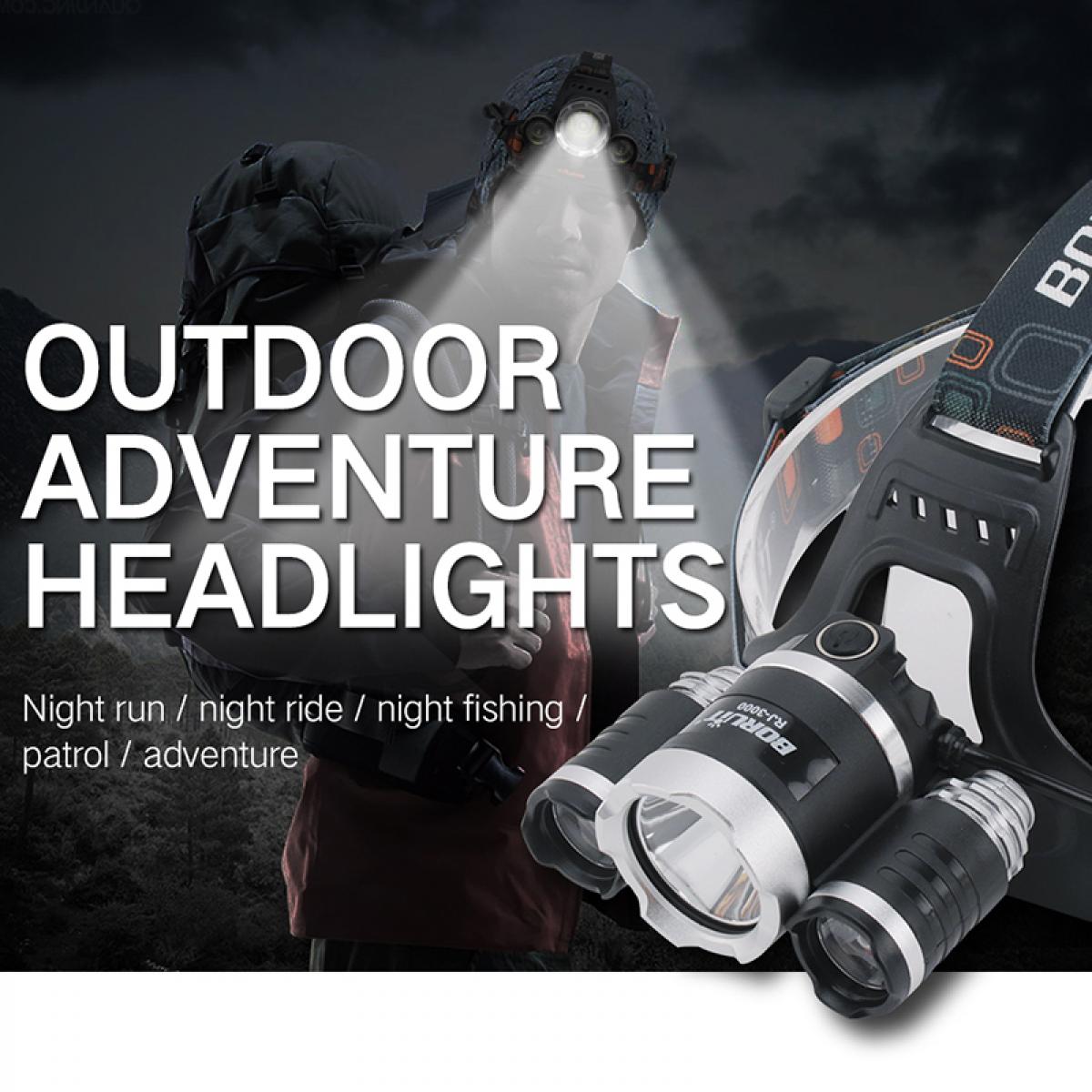 BORUIT RJ-3000 20W High Brightness 4000LM 3LED White Light Sports Headlamp Flashlight Black