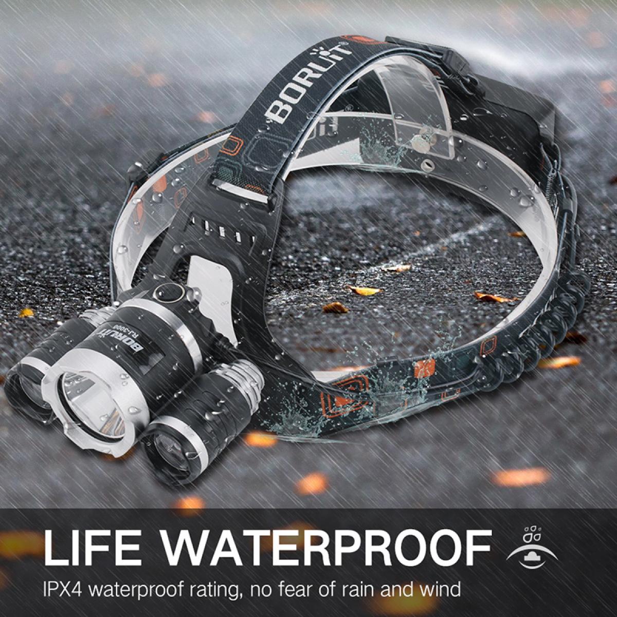 BORUIT RJ-3000 20W High Brightness 4000LM 3LED White Light Sports Headlamp Flashlight Black