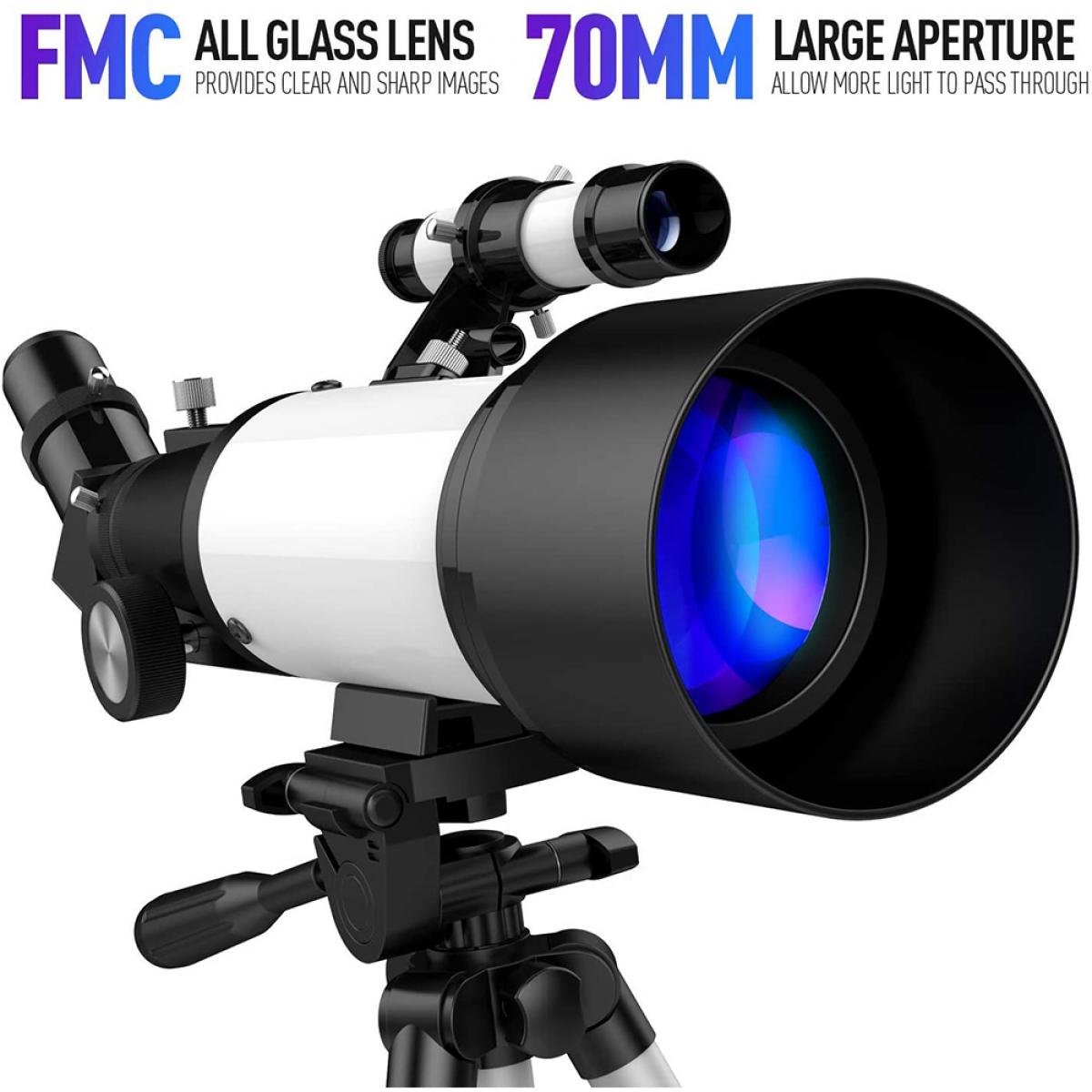 15X-150X Telescopio Astronómico Refractor Portátil de 70 mm con Soporte  para Teléfono, Trípode Ajustable y Mando a distancia Bluetooth, Distancia  Focal de 300mm - K&F Concept