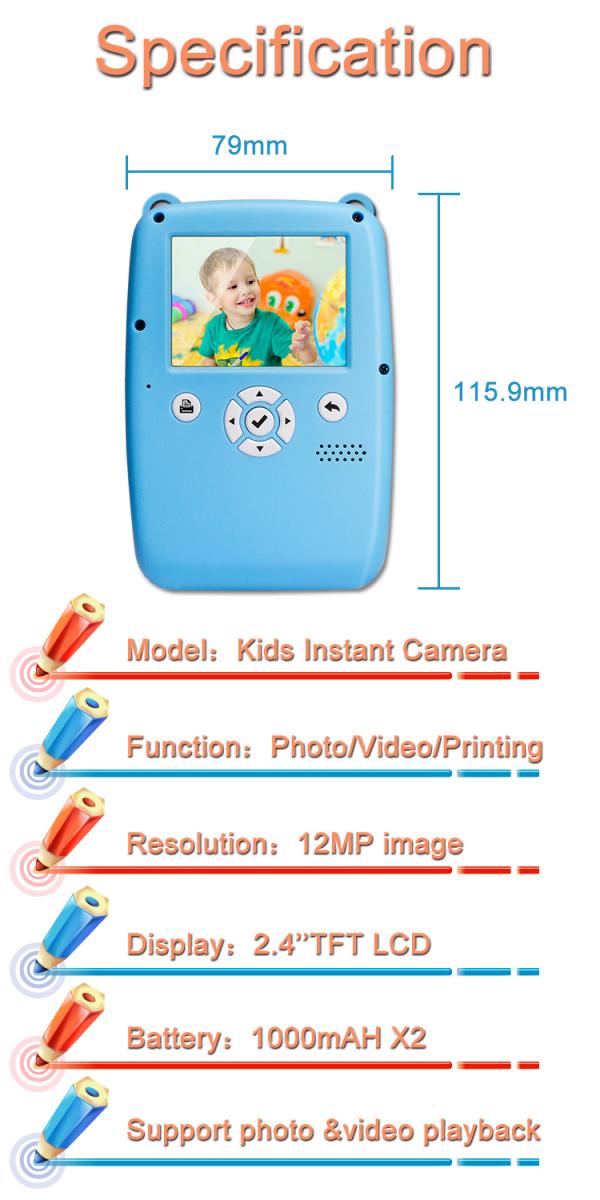 Fotocamera istantanea per bambini, fotocamera per bambini con carta da  stampa, TFT da 2,4 pollici, giochi educativi, ricarica USB, video ad alta  definizione 1080P, fotocamera digitale per bambini da 12 MP, fotocamera