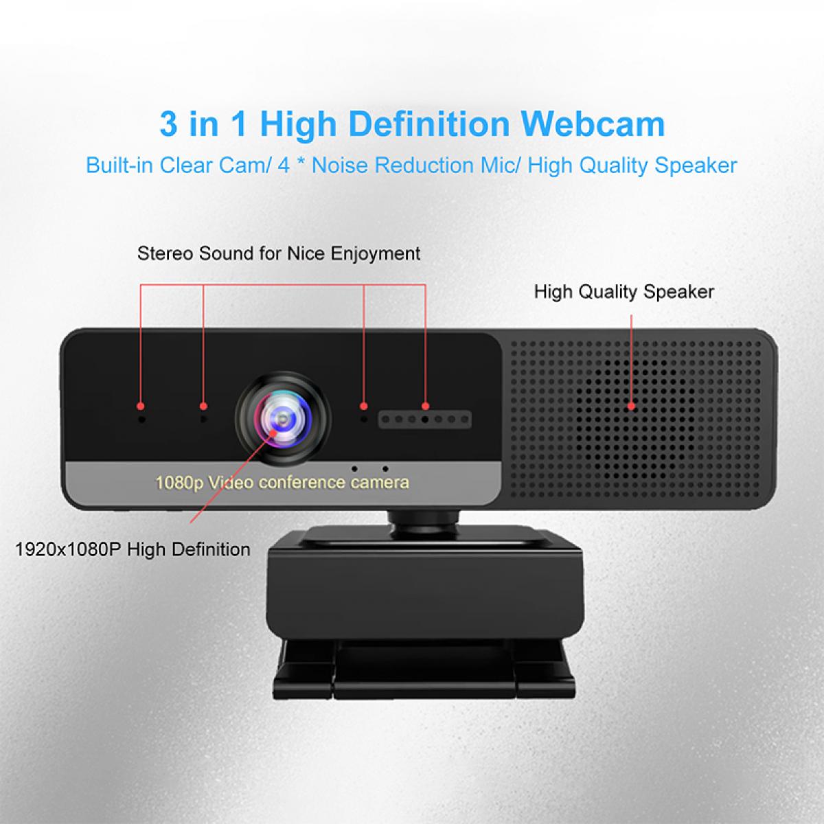 HD 1080p Webcam with Omnidirectional Mic and Built-in Speakers