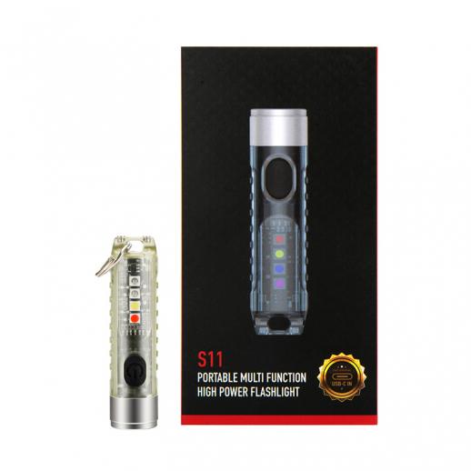 S11 mini flashlight, 400 lumens outdoor EDC rechargeable high-brightness multi-function keychain flashlight, with night light, ultraviolet light and warning light, P65 waterproof, EDC essential items