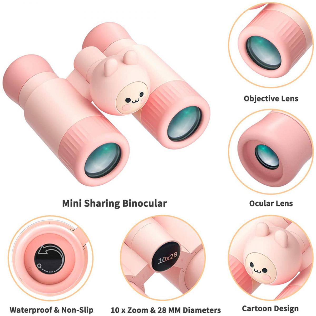 子供のミニ双眼鏡、多機能ツーインワン単眼鏡および双眼鏡取り外し可能双眼鏡、10x28高解像度、ミニ高解像度折りたたみ双眼鏡、3〜12歳の子供に適しています、バードウォッチング、狩猟、旅行、キャンプピンク