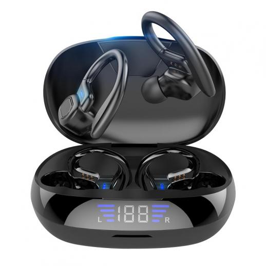 Fone de ouvido Bluetooth TWS com microfone e gancho de orelha para esportes com tela LED Fone de ouvido sem fio Hifi Fone de ouvido estéreo fone de ouvido à prova d'água