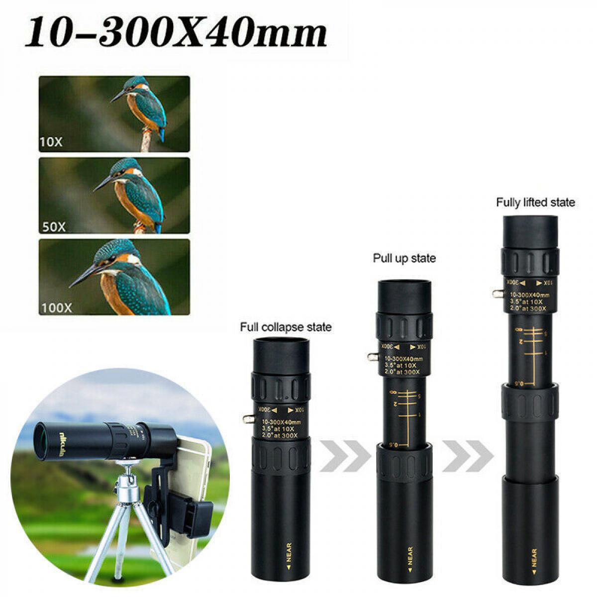 4K 10-300X40mm Super Telephoto Zoom Monocular Telescope with Tripod for Smartphone Portable Astronomy Beginners Waterproof Fogproof HD Night Vision Easy Focus for Travelling Camping A