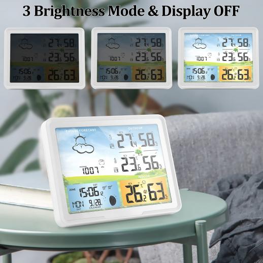LFF Weather Stations, Wireless Indoor Outdoor Thermometer, Color Display Digital Weather Station with Atomic Clock, Forecast Station and Calendar