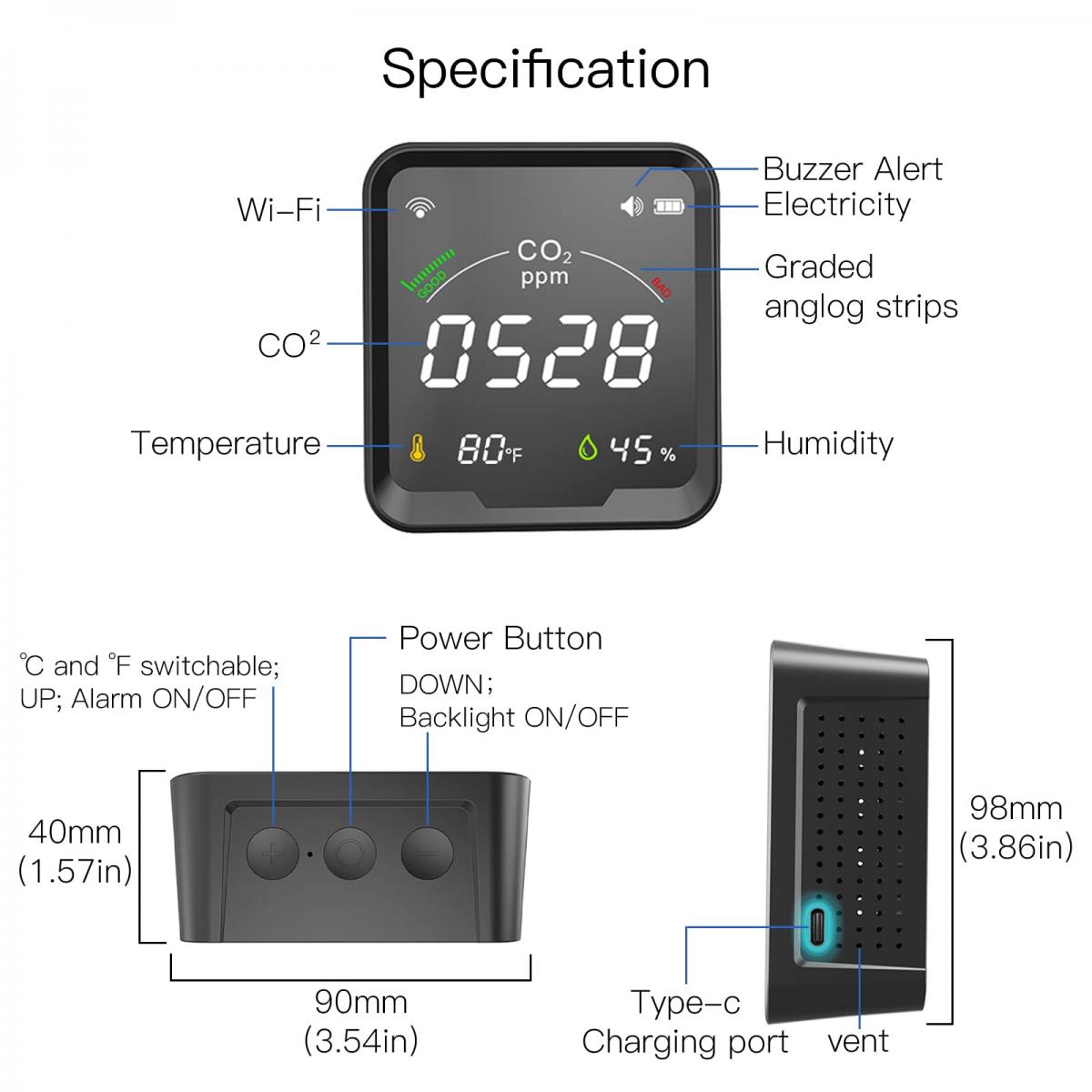 Smart Carbon Dioxide Detector Home Air Quality KENTFAITH