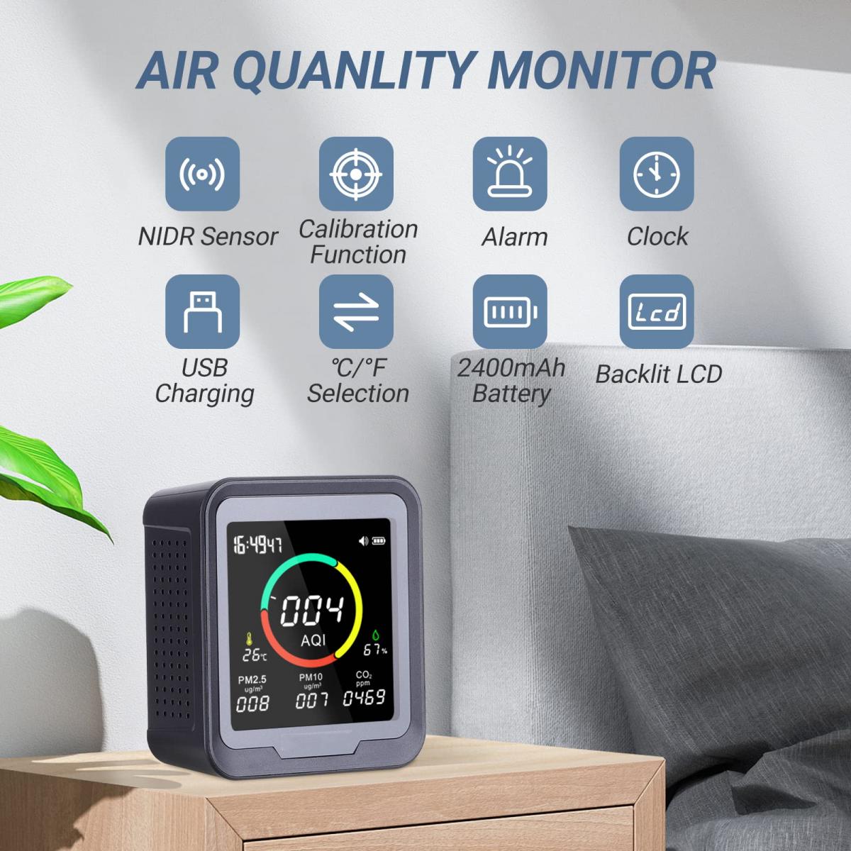 ATO Handheld Air Quality Monitor, Multiple Detector PM2.5/PM1.0/PM10, AQI, Tormaldehyde (HCHO), TVOC, Temperature And Humidity, Large LCD Display High Accuracy Tester