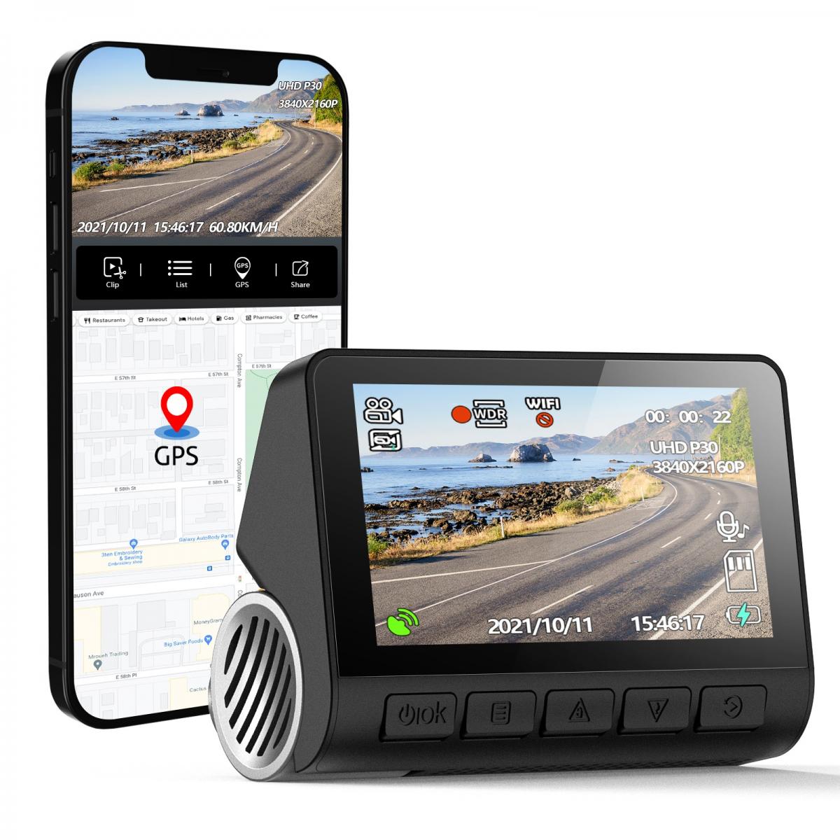 V53 3.0 IPS 4K HD Car Recorder with 170° Recording Angle with G Sensor, GPS, Wifi, Loop Recording, Parking Monitoring, Night Vision (4K @3840*2160P)