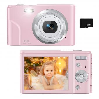 48MP Kids Camera Auto Focus with 32GB Card 1080P Camcorder with 16x Zoom, Kids Christmas / Birthday Gift Teens Girls Boys (Pink)