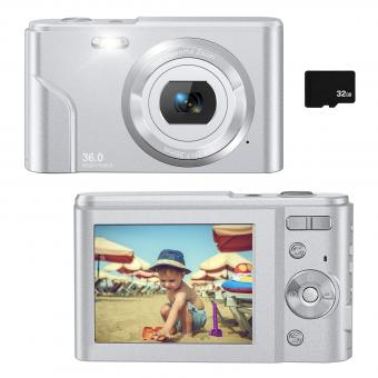 48MP Kids Camera Auto Focus with 32GB Card 1080P Camcorder with 16x Zoom, Kids Christmas / Birthday Gift Teens Girls Boys (Silver)