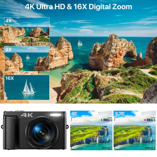 Digital Camera, FHD 4K Autofocus Vlogging Camera 48MP 16X Digital Zoom  Digital Camera with 32GB Memory Card  Portable Compact Small Camera  for