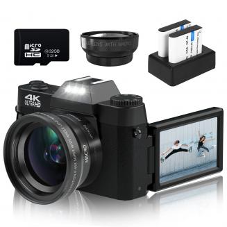 Digital Camera for Photography & Video 4K 48MP Blog YouTube With 180° Flip Screen, 16X Digital Zoom, 52mm Wide Angle & Macro Lens, 32GB TF Card, 2 Batteries, Black