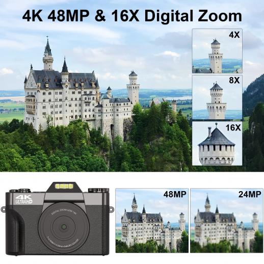 Digital camera for photography and video 4K 48MP video blog camera   with 180° flip screen, 16x digital zoom, 52mm wide angle and macro lens,  32GB TF card, 2 fast batteries Black - KENTFAITH