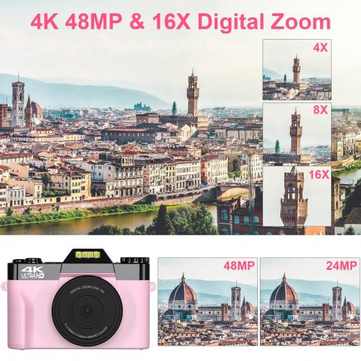 Digital camera for photography and video 4K 48MP video blog camera   with 180° flip screen, 16x digital zoom, 52mm wide angle and macro lens