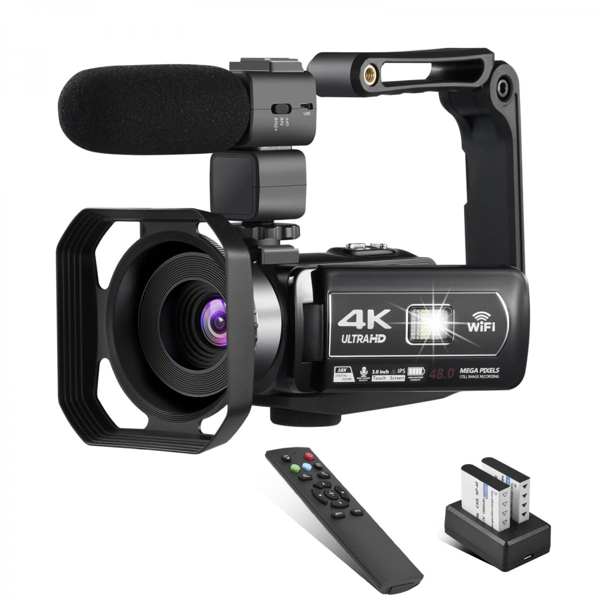YouTubeウルトラHD 4K  4MPビデオブログ用48kビデオカメラビデオカメラマイクとリモコンWiFiデジタルカメラ3.0インチIPSタッチスクリーンIRナイトビジョン2バッテリー