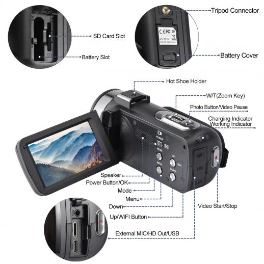 4k Video Camera Camcorder for  Ultra HD 4K 48MP Video Blog Camcorder  with Microphone and Remote Control WiFi Digital Camera 3.0 IPS Touch