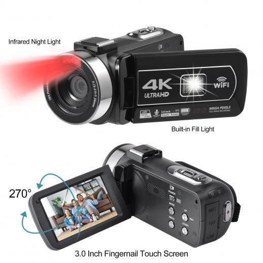 YouTubeウルトラHD 4K  4MPビデオブログ用48kビデオカメラビデオカメラマイクとリモコンWiFiデジタルカメラ3.0インチIPSタッチスクリーンIRナイトビジョン2バッテリー