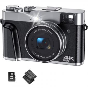 初心者向けデジタルカメラ48 MP Vlogging YouTube向け4 K 16 XデジタルズームVloggingカメラSDカード、バッテリー2本、ファインダー、モードダイヤル付き