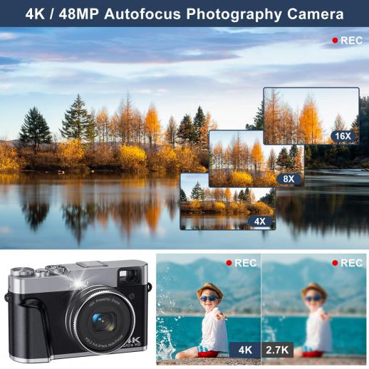  4K Digital Camera for Photography Autofocus 16X Digital Zoom,  48MP Vlogging Camera with 32GB SD Card, 3'' 180° Flip Screen Compact Camera,2  Batteries : Electronics