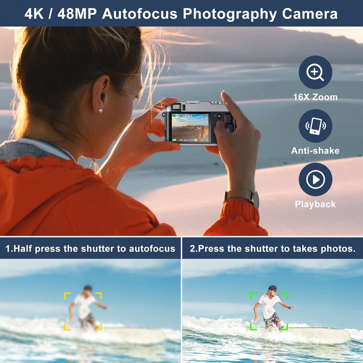 4K Digital Camera for Photography Beginners 48MP Vlogging Camera for
