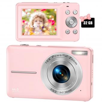 Children Camera, FHD 1080P Digital Camera for Kids Video Camera with 32GB SD Card 16X Digital Zoom, Compact Point and Shoot Camera Portable Small Camera for Teens Students Boys Girls Seniors(pink)