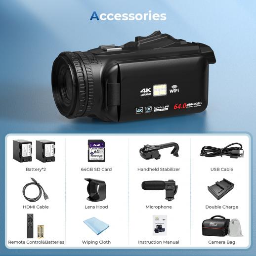 UHD 4K Video Camera Camcorder with 18x Digital Zoom,64MP Digital Camera Recorder,4.0-inch Rotating Touchscreen,Microphone,Remote Control,64GB SD Card