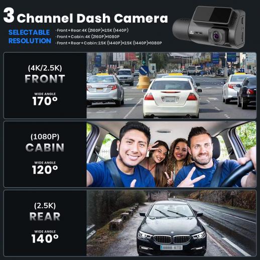 3 Channel 4K Dash Cam, WiFi Dual Dash Camera for Cars, 3 Channel Dash Cam  with