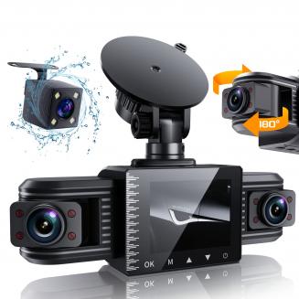 3 Canais Dash Cam Frente e Traseira Dentro 3 Canais 1080P, Câmera de Traço de Lente Ajustável para Carros com 8 Lâmpadas IR Visão Noturna, Três Maneiras Tripla Car Camera, Gravação em Loop, G-Sensor, Monitor de Estacionamento