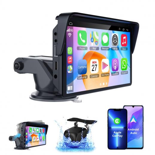 Portable Apple Carplay Screen for Car, 7 Inch IPS Touchscreen Car Stereo Support Wireless Carplay&Android Auto, AirPlay, Bluetooth, Mirror Link/Mic/TF/USB/AUX for All Vehicles