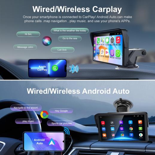 Portable Apple CarPlay Screen for Car, 7 inch IPS Touchscreen Car Stereo Support Wireless Carplay&Android Auto, Airplay, Bluetooth, Mirror Link/Mic/TF