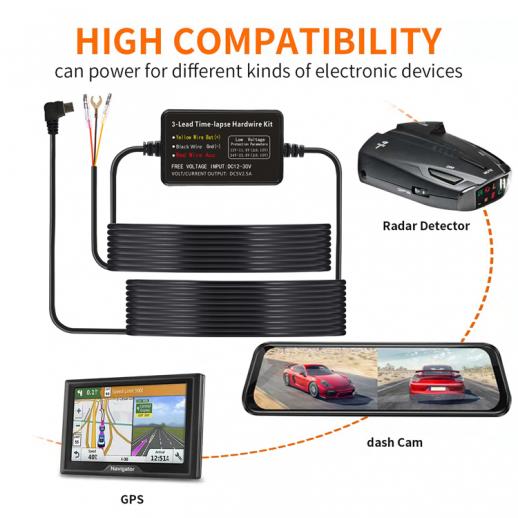 Dash Cam Hardwire Kit, Mini-USB Hard Wire Kit 11.5ft, 12-24V to 5V Car Dash  Camera Charger Power Cord, Gift 5 Fuse Tap Cable with Battery Drain  Protection for 24h Parking Monitor 