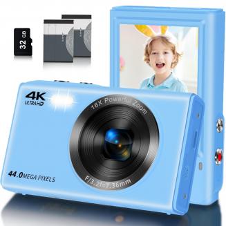 FHD Kids Cameras for Photography, 4K 44MP Compact Point & Shoot Camera 16X Zoom for Teens & Beginners with 32GB SD Card, 2*Batteries, Blue
