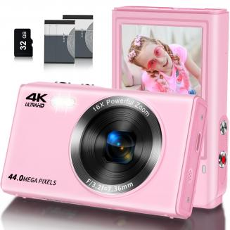 FHD Kids Cameras for Photography, 4K 44MP Compact Point & Shoot Camera 16X Zoom for Teens & Beginners with 32GB SD Card, 2*Batteries, Pink
