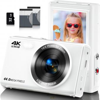 Digital Camera for Kids, FHD 4K 44MP Compact Point & Shoot Camera for Teens & Beginners with 32GB SD Card, 16X Zoom, 2 Rechargeable Batteries, White
