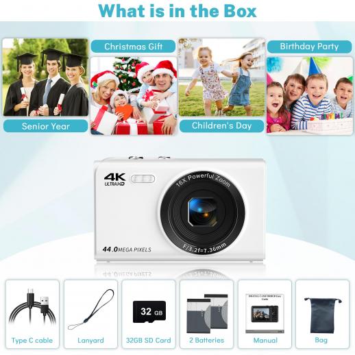 Digital Camera 1080P 44MP Kids Camera Digital Point and Shoot Camera with  32GB Memory Card,16X Zoom Vlogging Camera for Children Boys Girls Students