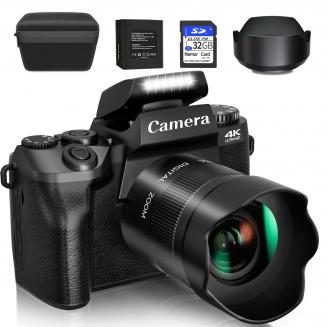 Upgraded 4K 64MP Digital Camera for Photography Beginners, Video, YouTube Vlog, 4" WiFi Touch Screen with Flash, 32GB SD Card, Lens Hood, 3000mAH Battery